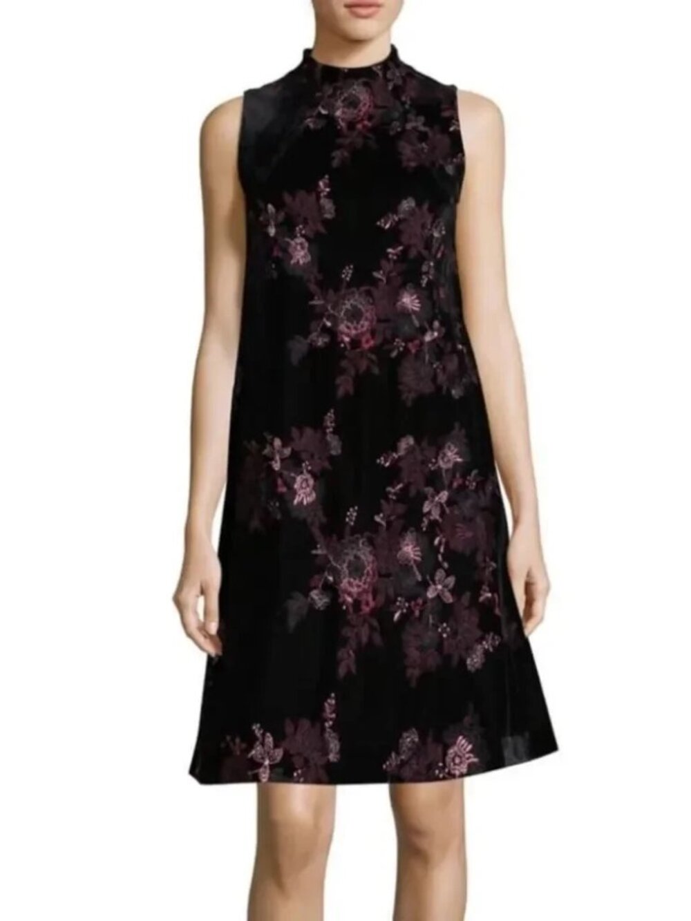 ECI Black Velvet Floral Embroidered Shift Mini Dress XS Cocktail